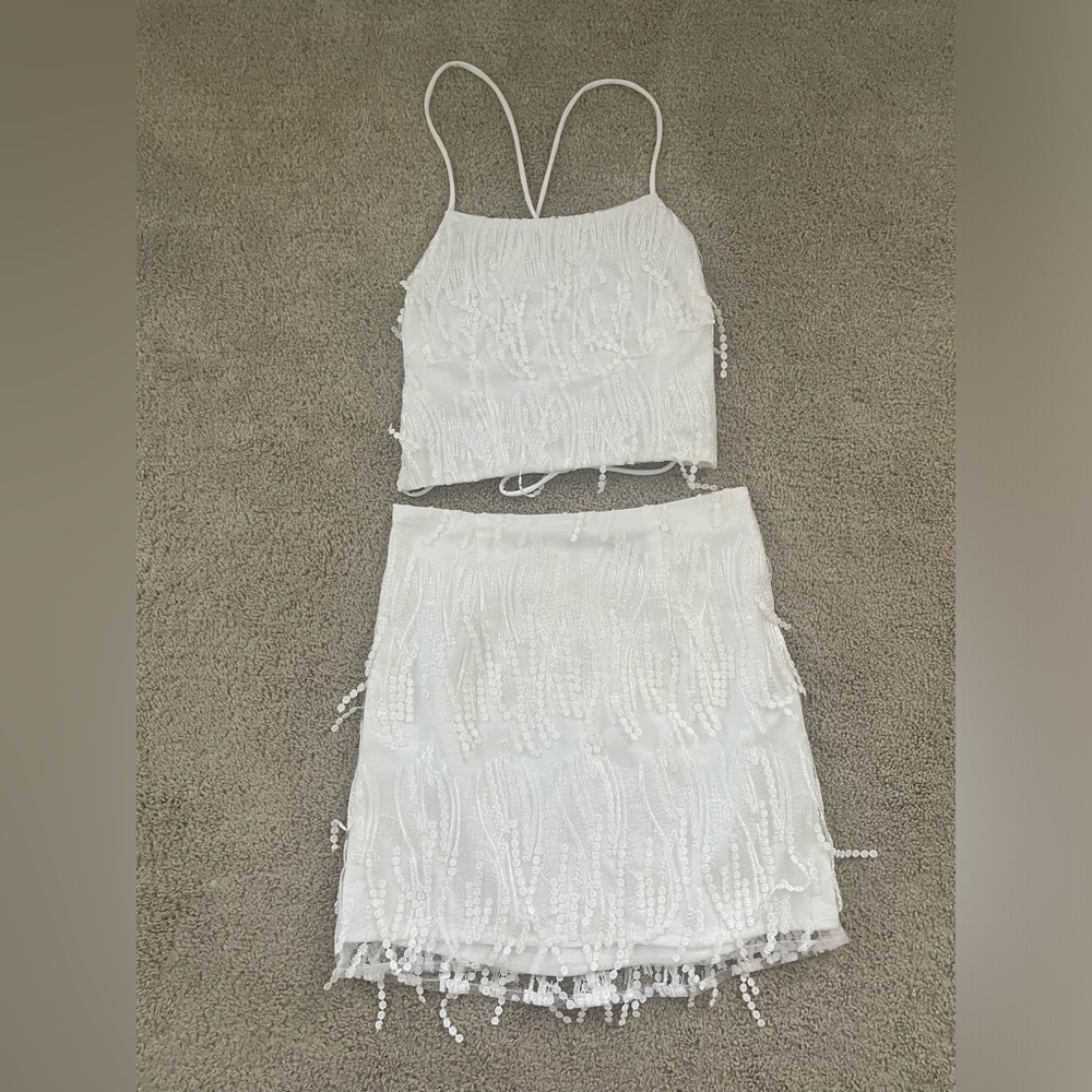 Lulus two piece fringe set white